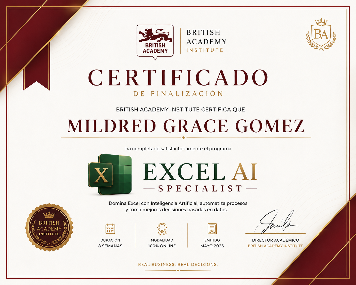 Certificación Ejecutiva Excel AI Specialist de British Academy Institute